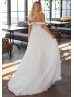 Off Shoulder Beaded Ivory Pleated Chiffon Wedding Dress